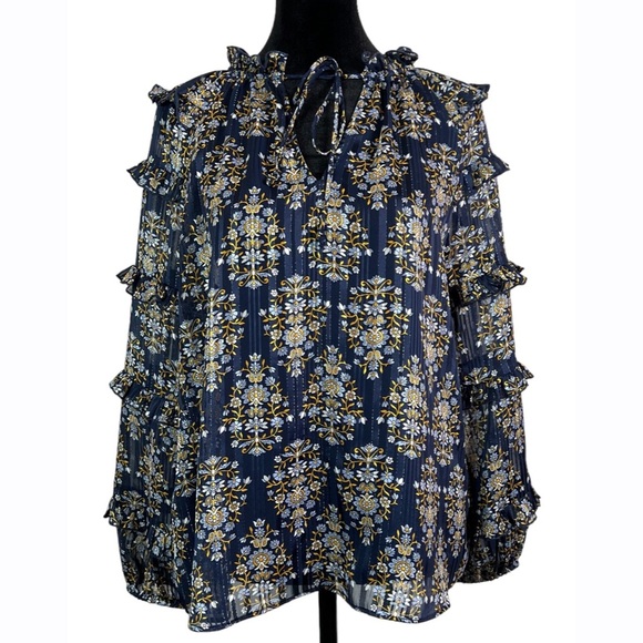 Express Women’s Blue Silver Multi Color Semi-Sheer Floral‎  Blouse Size Small - Picture 1 of 13